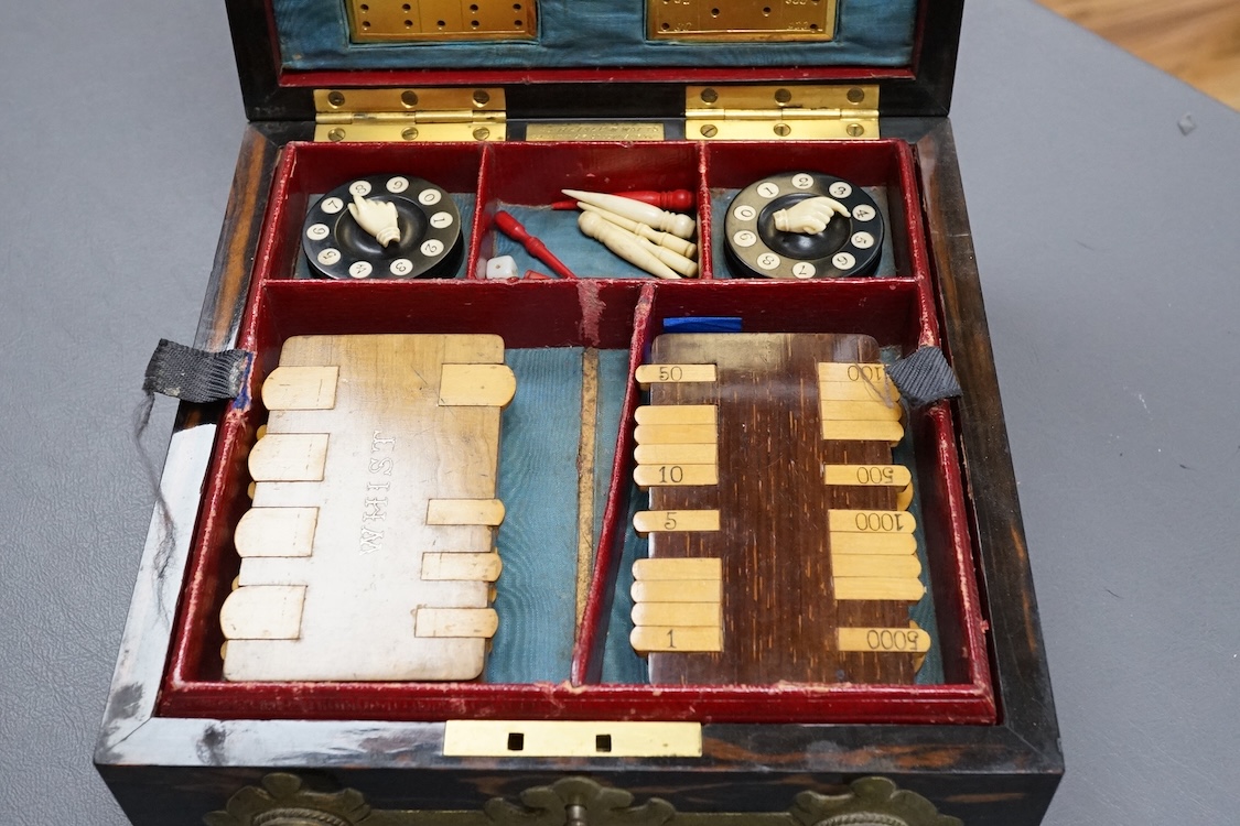 A Victorian Coromandel, brass and agate mounted games compendium, containing bezique and whist markers bone counters and inset ivory indicators, box 19cm x 19cm CITES Submission reference 3DY474P3